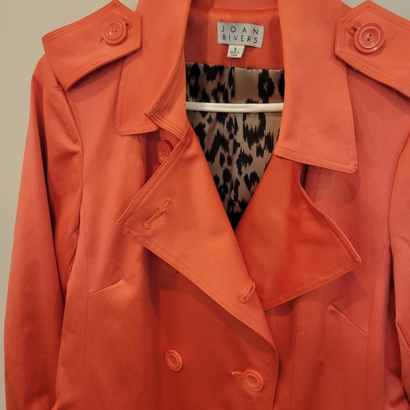 Joan Rivers 3/4 Trench Coat Bright Orange Leopard Lining With Belt Small - Picture 4 of 15